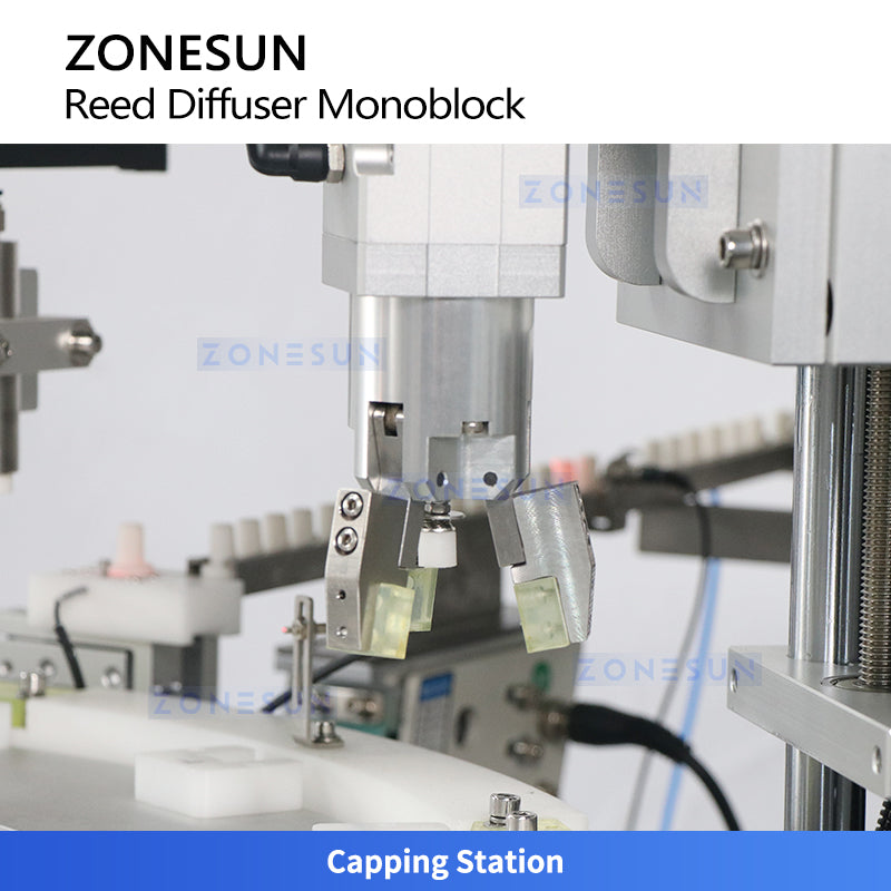 Fragrance Automation: ZONESUN ZS-AFC33B4 Reed Diffuser Filling & Stick Insertion Capping Machine