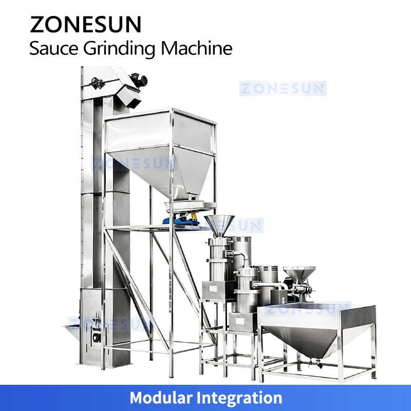 Auto Infeed: ZONESUN ZS-YM80 Industrial 2-Stage Peanut Butter & Cocoa Liquid Grinding Machine Line