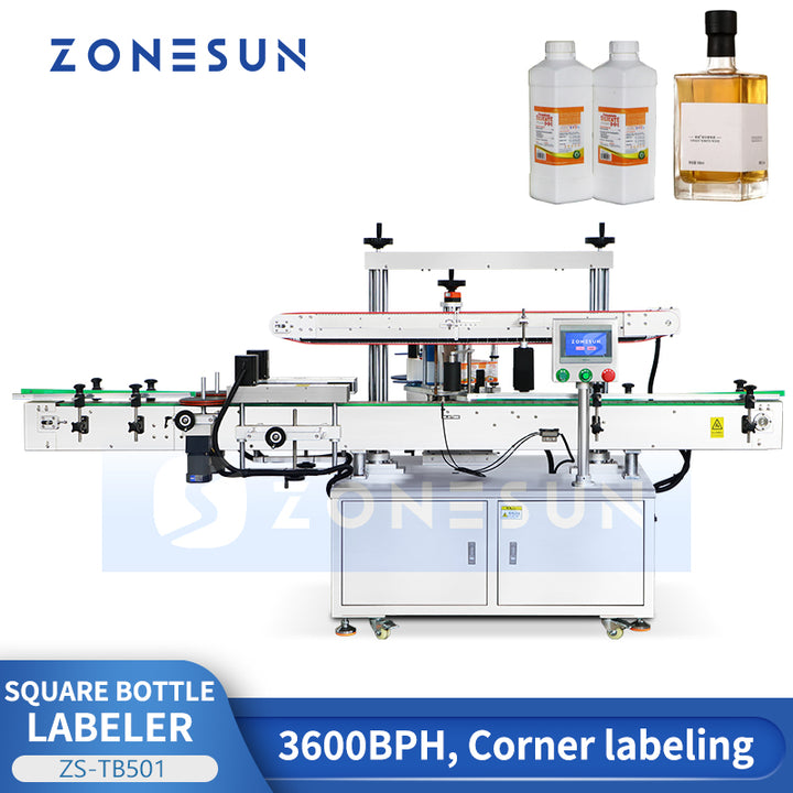 ZONESUN ZS-TB501 Square Bottle Two Side Corner Labeling Machine for Perfume, Juice & Whisky
