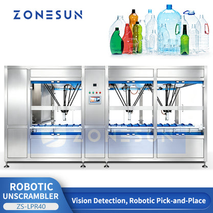 ZONESUN ZS-LPR40 Automatic Robotic Bottle Unscrambler with Vision Detection and Recirculating Feeding System