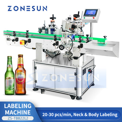 Dual-Labeling: ZONESUN ZS-TB822L2 Automatic Neck & Body Labeling Machine for Beer & Cosmetic Bottles