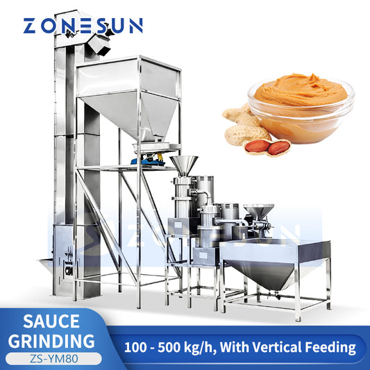 Auto Infeed: ZONESUN ZS-YM80 Industrial 2-Stage Peanut Butter & Cocoa Liquid Grinding Machine Line