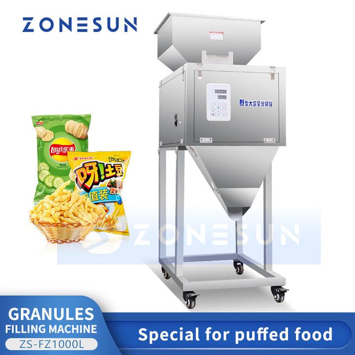 ZONESUN ZS-FZ1000L Potato Chips Packing Machine Digital Control Particle Filler for Cheeze Puffs Snacks