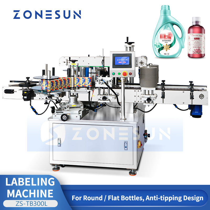 High Precision: ZONESUN ZS-TB300L Automatic Labeling Machine for Round & Flat Bottles Jars / Flasks