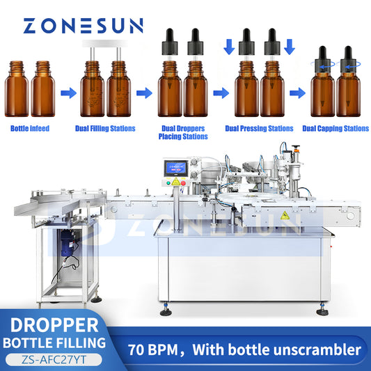 ZONESUN ZS-AFC27YT: Dual-Station Automatic Liquid Filling, Dropper Placing, Capping Machine