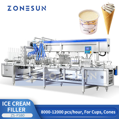ZONESUN ZS-FS80 Automatic 8-Lane Ice Cream Filling and Sealing Machine for Cups & Cones