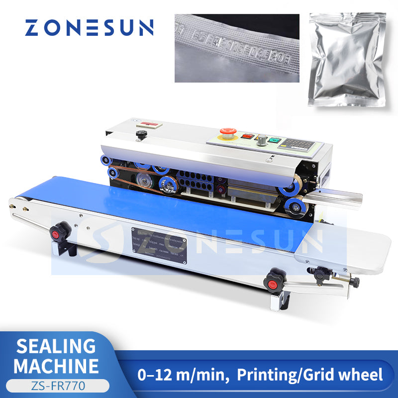 ZONESUN ZS-FR770 ML Continuous Film Sealing Machine with Printing, Adjustable Speed,and Temp Control