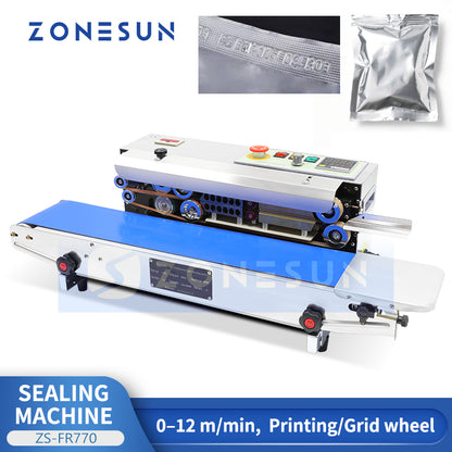 ZONESUN ZS-FR770 ML Continuous Film Sealing Machine with Printing, Adjustable Speed,and Temp Control