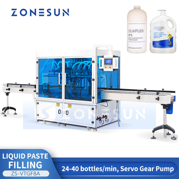 ZONESUN ZS-VTGF8A Automatic 8 Head Gear Pump Liquid and Paste Filling Machine for Shampoo Lotion Detergent with 50ml to 5000ml Range
