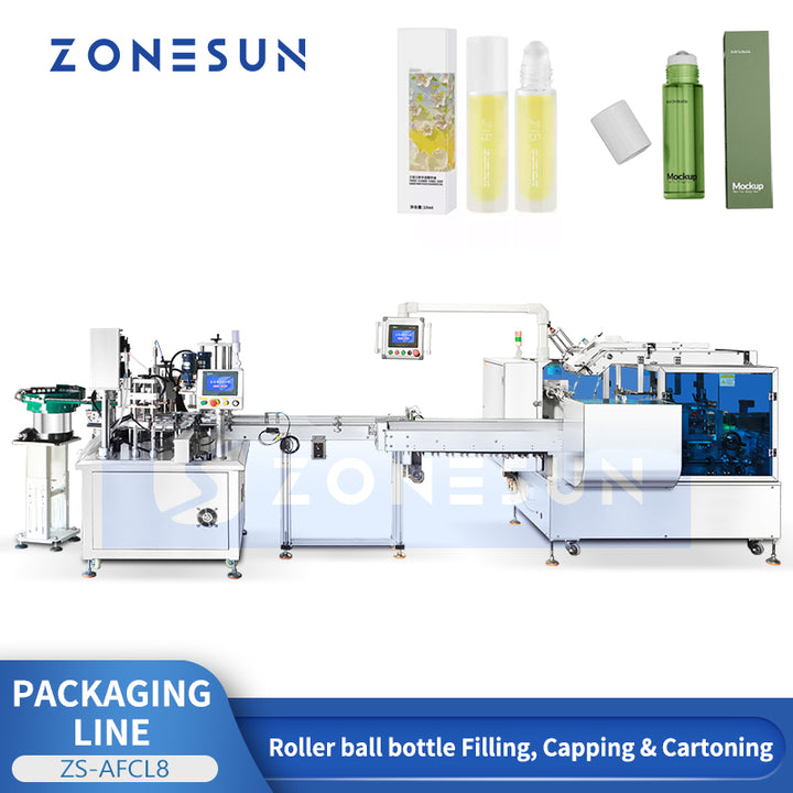 ZONESUN ZS-AFCL8 Automatic Roll-on Bottle Filling Capping Cartoning Machine | For Deodorant Essential Oil Serum Packaging Line