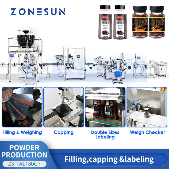 ZONESUN ZS-FAL180G7 Automatic Powder Packaging Line with Filling Capping Labeling Laser Coding and Weighing for Coffee Spices and Herbs
