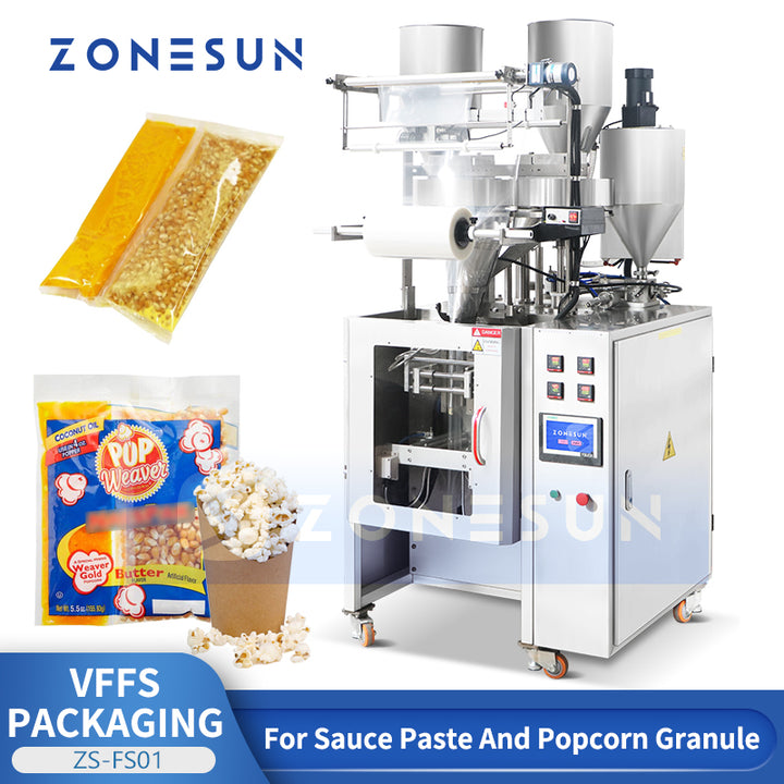 ZONESUN VFFS Packaging Machine Vertical Form Fill Seal Popcorn Portion Packs Oil Salt Kit Packing Equipment Cup Filling ZS-FS01