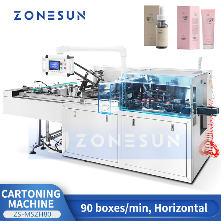 ZONESZONESUN ZS-MSZH80 High-Speed Horizontal Cartoning Machine for Skincare Cosmetics Perfume with Auto Box Packing and Safety Features