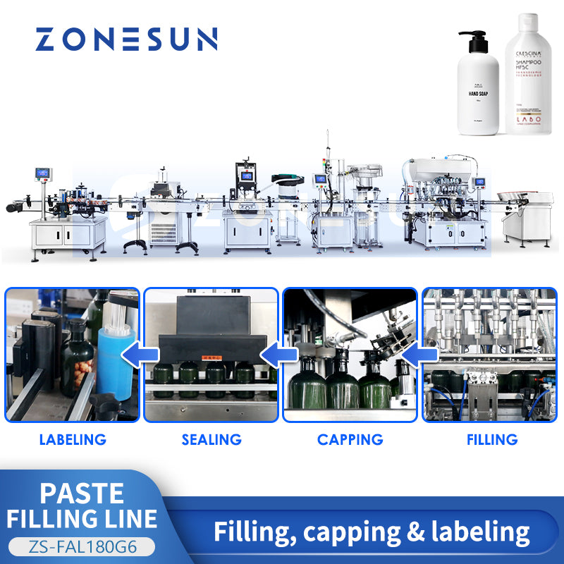 ZONESUN ZS-FAL180G6 packaging line overview showing filling and capping stations