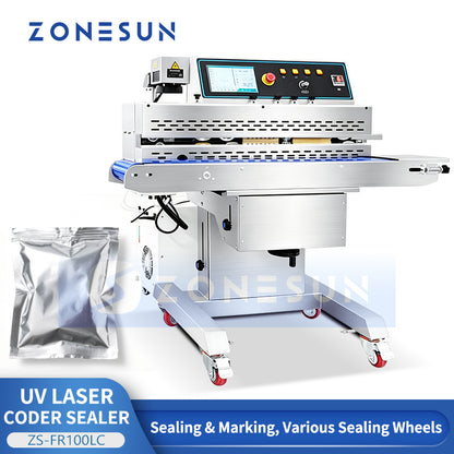 ZONESUN ZS-FR100LC Continuous Band Sealer with UV Laser Coding for Bag Packaging
