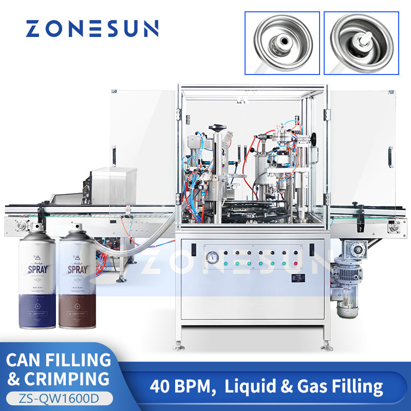 ZONESUN ZS-QW1600D Automatic Aerosol Can Filling Crimping Machine with Valve Feeder