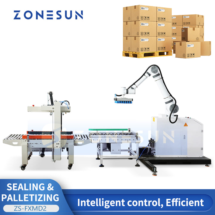 ZONESUN ZS-FXMD2 Automatic Carton Packing Machine with Case Sealer and Robotic Palletizer for End of Line Packaging Automation
