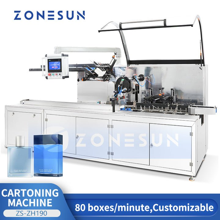 ZONESUN ZS-ZH190 Automatic Horizontal Cartoning Machine for Tablets Bottles Soaps and More with Optional Hot Melt Glue Sealing