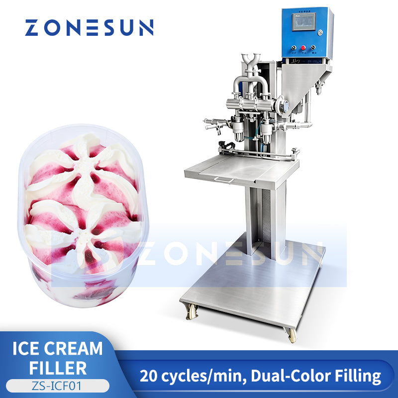ZONESUN ZS-ICF01 Semi-Automatic Dual-Color Ice Cream Filling Machine into Cups, Cartons, Tubs