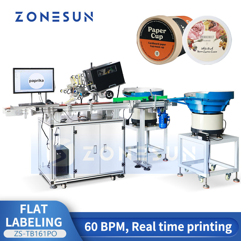 ZONESUN ZS-TB161PO High-Speed Flat Labeling Machine with Inkjet Printer for Jar Lids Paper Cups and Top Surface Self-Adhesive Labels