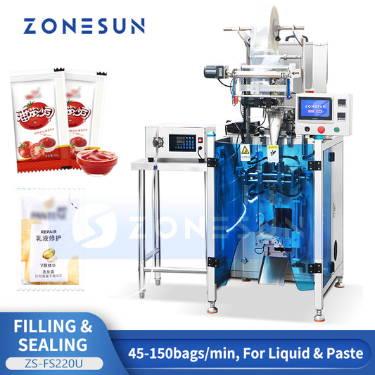 ZONESUN ZS-FS220U Automatic Liquid Paste Sachet Packing Machine Dual Filler 3/4 Side Seal