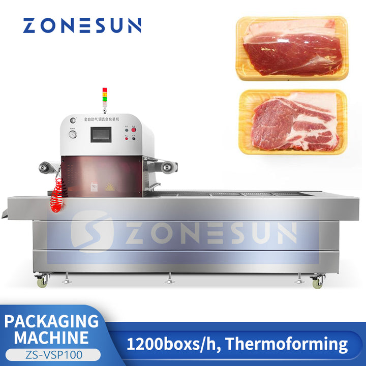 ZONESUN ZS-VSP100 Automatic Thermoforming Vacuum Packaging Machine for Meat Seafood Cheese and Ready Meals with Moisture Protection