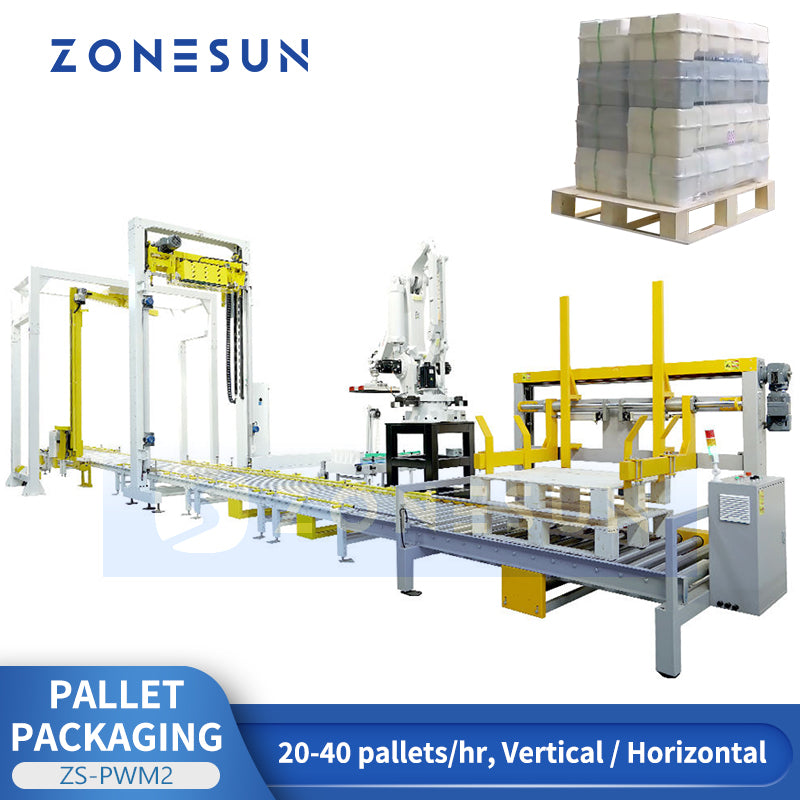 Max Efficiency: ZONESUN ZS-PWM2 Robotic Palletizing, Strapping & Rotary Arm Wrapping Production Line
