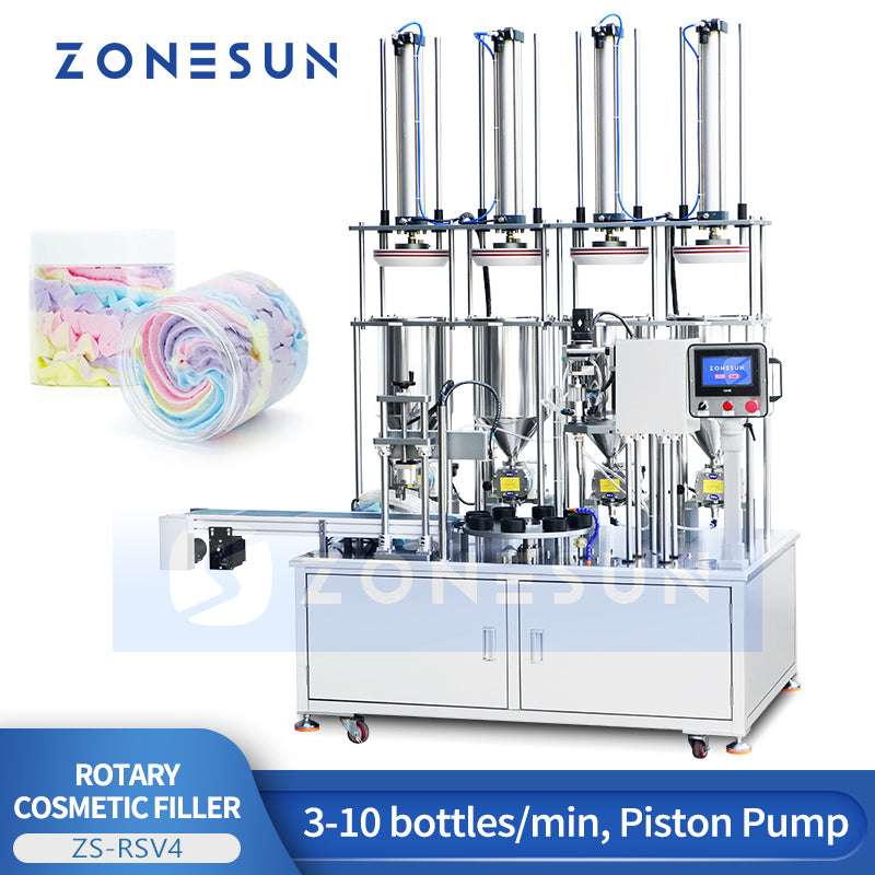 ZONESUN ZS-RSV4 Automatic Rotary 4-Color Cream Filling Machine for Cosmetic Jars and Food Pastes with 5–100ml Capacity