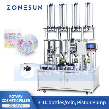 ZONESUN ZS-RSV4 Automatic Rotary 4-Color Cream Filling Machine for Cosmetic Jars and Food Pastes with 5–100ml Capacity