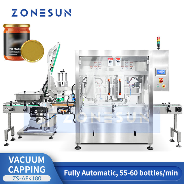 ZONESUN ZS-AFK180 Fully Automatic Tracking Vacuum Capping Machine for Glass Jars Twist-off &Metal Lug Caps