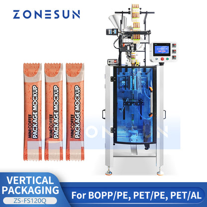 ZONESUN ZS-FS120Q Vertical Powder Packing Machine with Automatic Sachet Filling and Pillow-Type Back Seal for Coffee Spices and Pharma