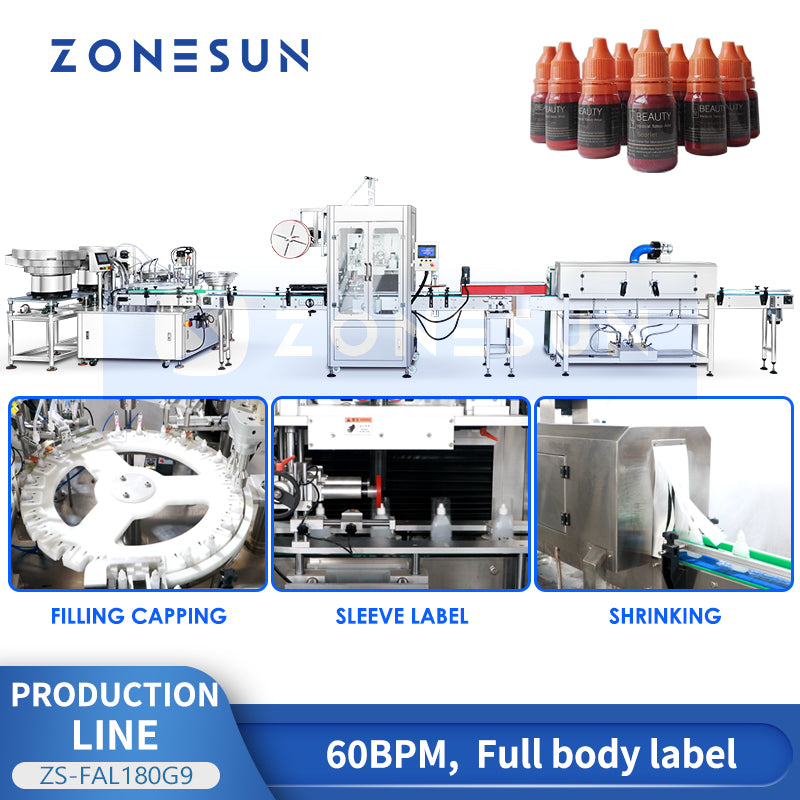 ZONESUN ZS-FAL180G9 Automatic Cam System Filling Capping Shrink Sleeve Labeling Production Line Irregular Bottle Biological Extract Liquid Peristaltic Pump Filling Machine