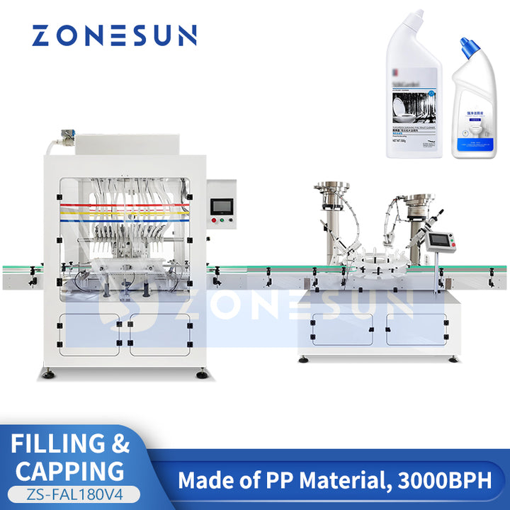 ZONESUN ZS-FAL180V4 Automatic Corrosive Liquid Filling and Capping Machine for Angle Neck Bottles Up to 3000BPH