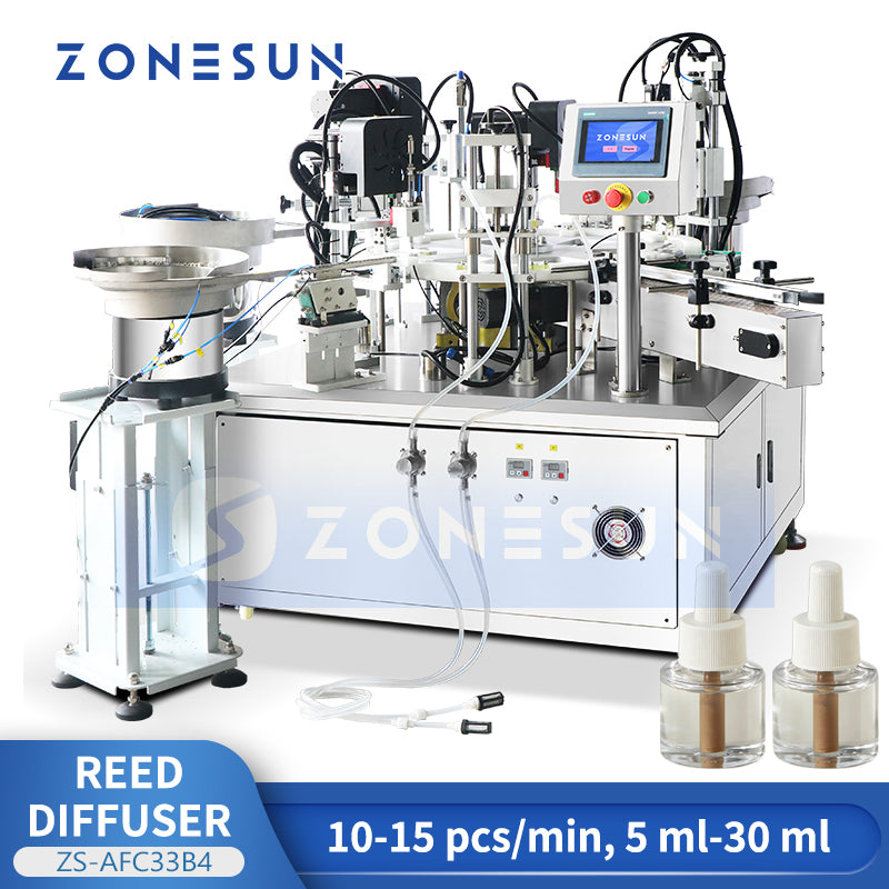 Fragrance Automation: ZONESUN ZS-AFC33B4 Reed Diffuser Filling & Stick Insertion Capping Machine