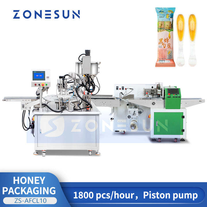 ZONESUN ZS-AFCL10 Automatic Honey Spoon Filling and Sealing & Flow Wrapping Packaging Machine Production Line