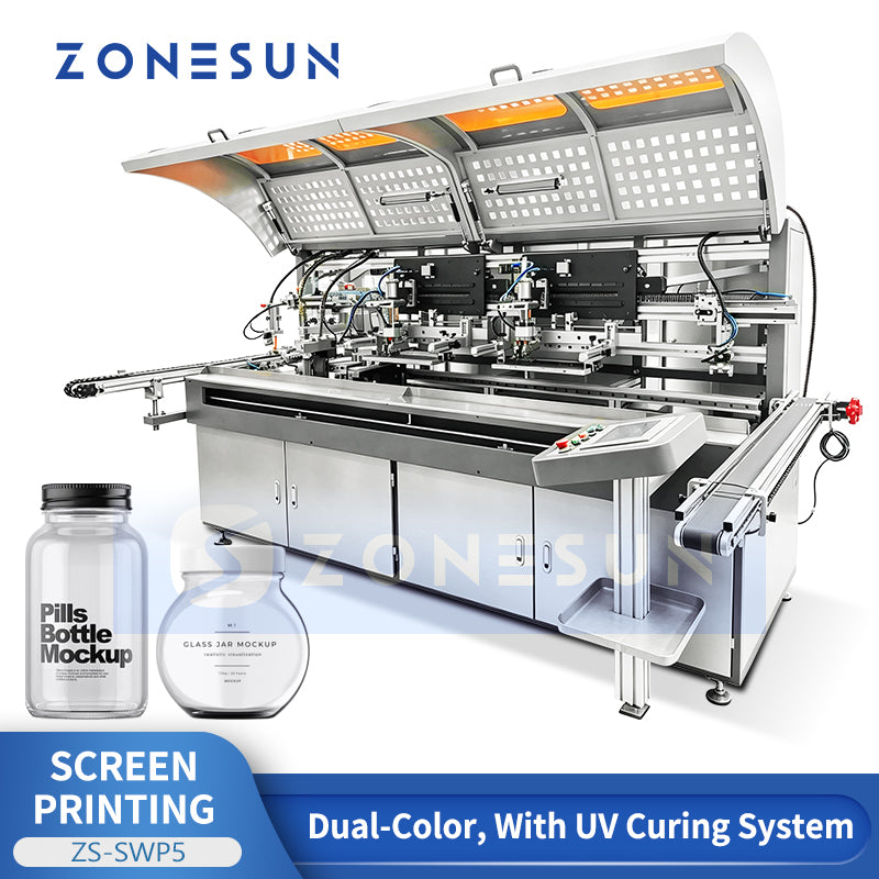 ZONESUN ZS-SWP5 Automatic Dual-Color Screen Printing Machine for Bottles with Flame Treatment and UV Curing