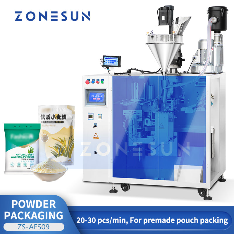ZONESUN ZS-AFS09 Automatic Powder Filling and Sealing Machine for Premade Pouches with Vacuum Dust Collector for Clean Packaging