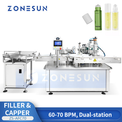 High Output: ZONESUN ZS-AFC70 Dual-Station Roll-On Bottle Liquid Filling & Capping Machine Line