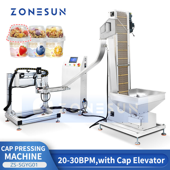 ZONESUN ZS-SGYG01 Automatic Cup Lid Pressing Machine with Cap Elevator | Yogurt Ice Cream Cup Capping Machine