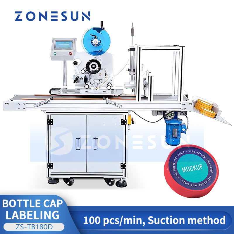 ZONESUN ZS-TB180D Automatic Labeling Machine for Concave Bottle Caps in Food & Beverage
