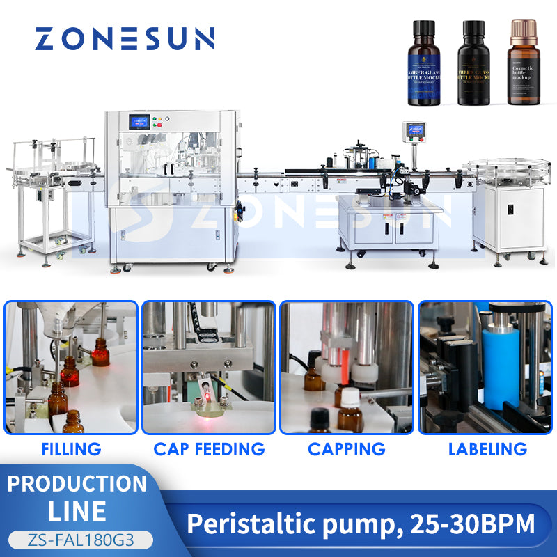 ZONESUN ZS-FAL180G3 Small Bottle Filling Capping Labeling Machine for Serums, Oils & Cosmetics
