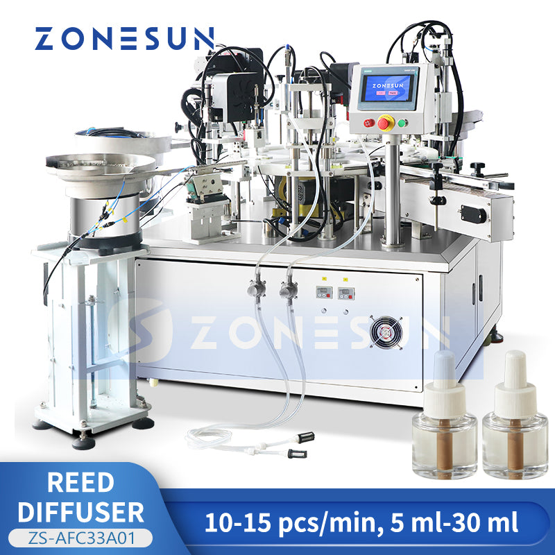 Fragrance Automation: ZONESUN ZS-AFC33A01 Reed Diffuser Filling & Stick Insertion Capping Machine