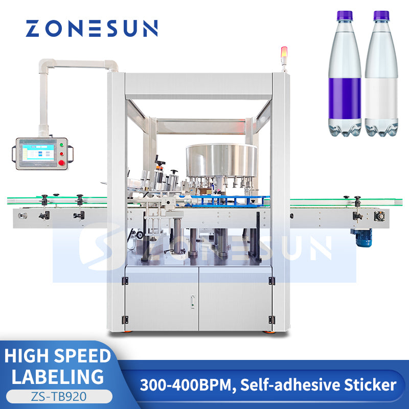 ZONESUN ZS-TB920 Automatic High Speed Round Bottle Labeling Machine 300-400BPM ±1mm Accuracy