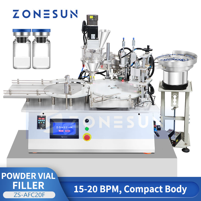ZONESUN ZS-AFC20F Tabletop Powder Filling & Capping Machine for Vials, Cosmetics, Pharma, Chemicals