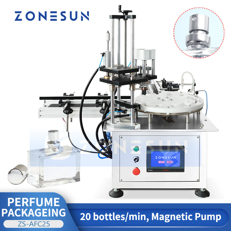 ZONESUN ZS-AFC25 Automatic Perfume Bottle Filling and Capping Machine with Magnetic Pump and Rotary Platform for Cosmetic Packaging
