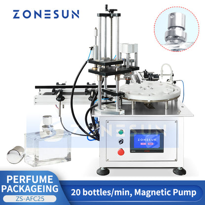 ZONESUN ZS-AFC25 Automatic Perfume Bottle Filling and Capping Machine with Magnetic Pump and Rotary Platform for Cosmetic Packaging