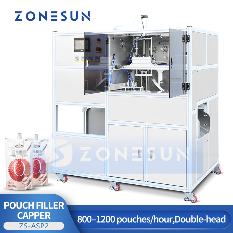 ZONESUN ZS-ASP2 is a fully automatic filling and capping machine for spout pouch packaging
