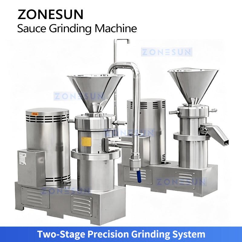 Auto Infeed: ZONESUN ZS-YM80 Industrial 2-Stage Peanut Butter & Cocoa Liquid Grinding Machine Line