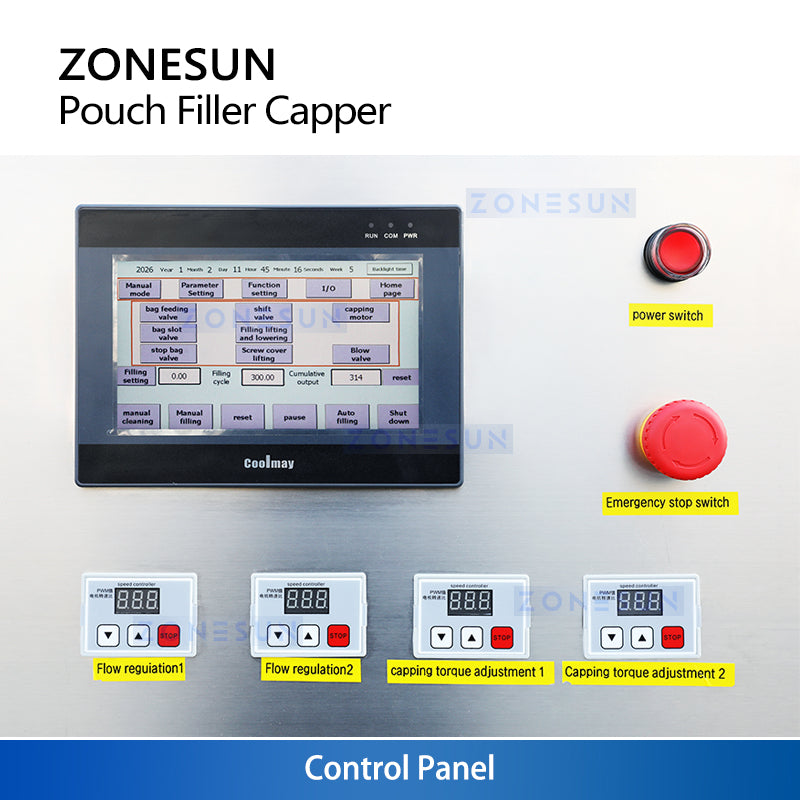 ZONESUN ZS-ASP2 is a fully automatic filling and capping machine for spout pouch packaging