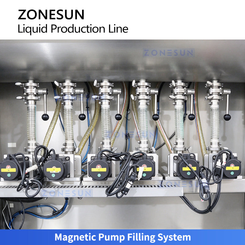 ZONESUN ZS-FAL180G11 Automatic 6-Head Magnetic Pump Liquid Filling, Tracking Capping and Labeling Production Line